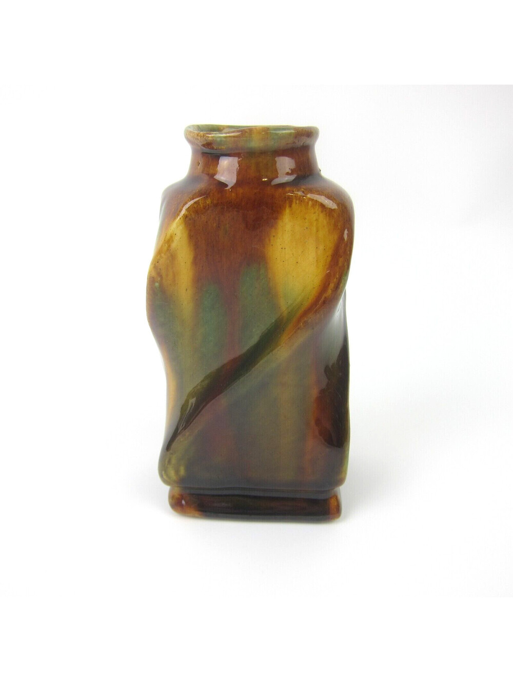 Antique Rockingham Glaze Art Pottery Twisted Square Vase 5" Mottled Brown Green